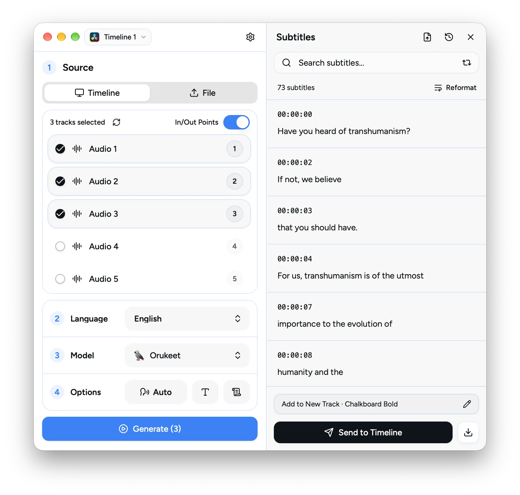 AutoSubs connected to a DaVinci Resolve timeline, with generated subtitles listed beside the transcription controls.